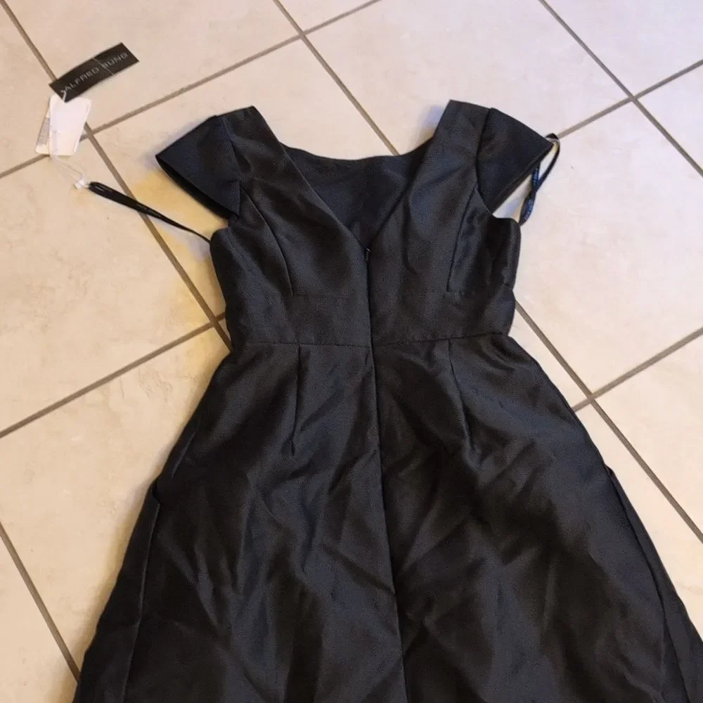 NWT Alfred Sung Cap Sleeve Pleated Skirt Dress Pockets Black Maxi Dress Size 2 - Picture 4 of 13